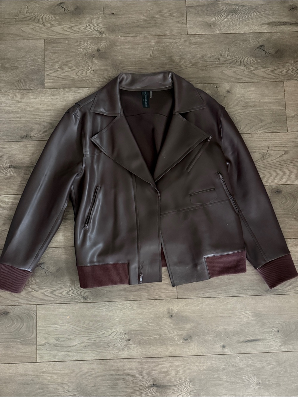 Norma Kamali Brown Leather Bomber Jacket with Ribbed Trim